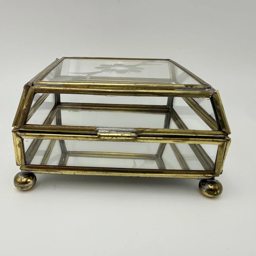 Mirrored Glass Jewelry Box Brass Trinket Etched Flower Lid Storage Display 4x4x2
